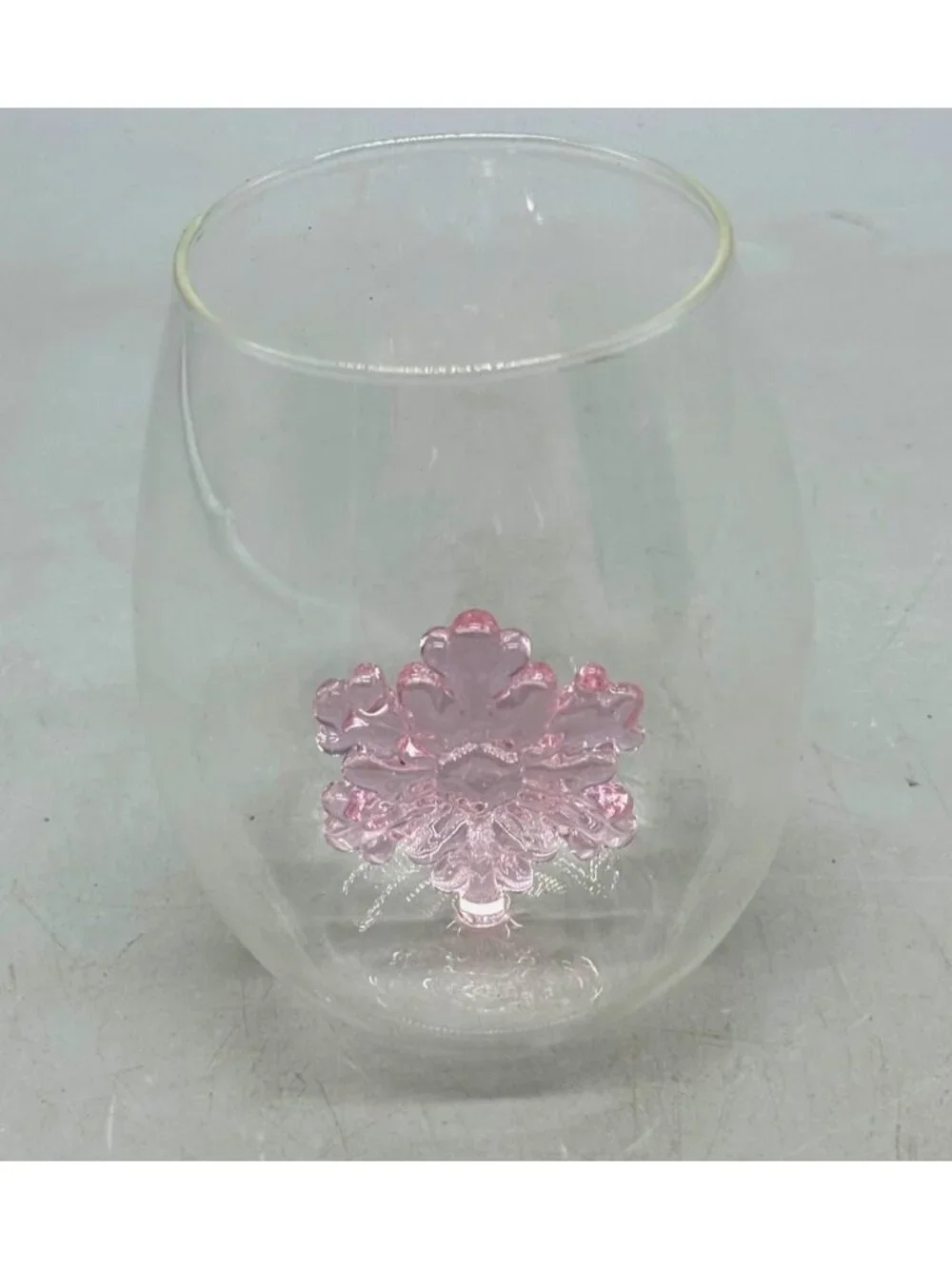 Unique Clear Glass Wine Tumbler With Pink snowflake inside Accent 4.25